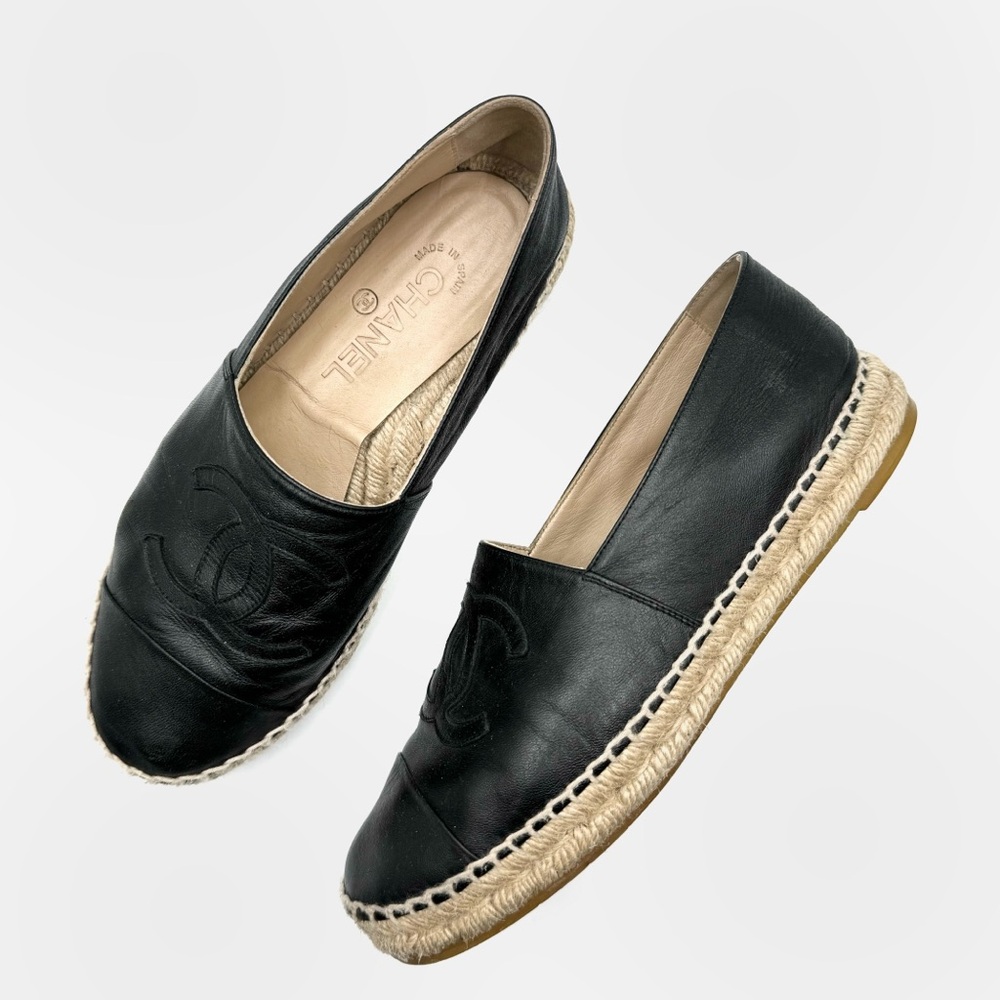 Chanel Black Logo Lambskin Leather Espadrille Sandals Flats Shoes
